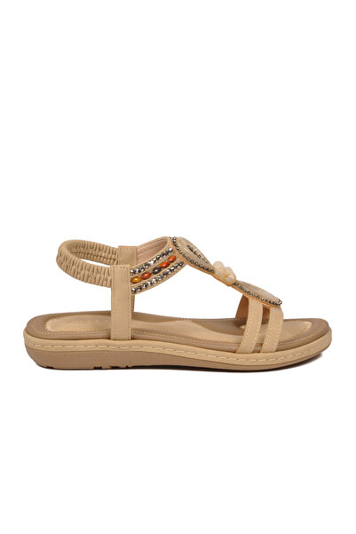 Ewoll Women's Beige Stone Embellished Comfortable Soft Sole Stylish Sandals 4056