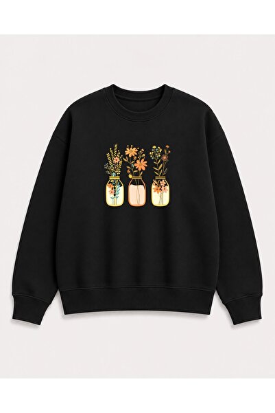 herkesemoda Jar Flower Print Detailed Embroidered 2 Thread Crew Neck Sweatshirt