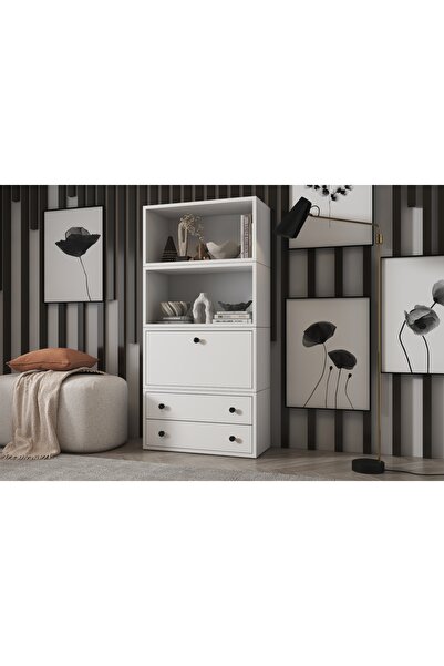Vivense LEKSA DÜSER KAPAKLI ÇEKMECELİ RAFLI KİTAPLIK 65 CM BEYAZ KTP-1167-Ç