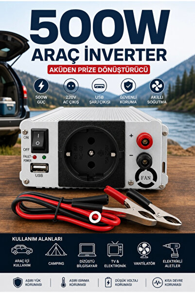 Clevora Fanlı 500W DC AC İnverter 12V Akü Girişi 220V Priz USB Çıkışı Taşınab...