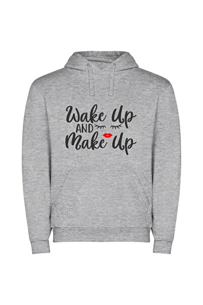 iLovePrints Beauty Unmasked: Wake-Up & Make-Up Φούτερ με κουκούλα σε χρώμα Γκρι