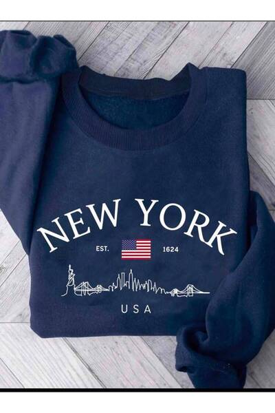 herkesemoda New York Printed 2 Thread Threaded Crew Neck Sweatshirt