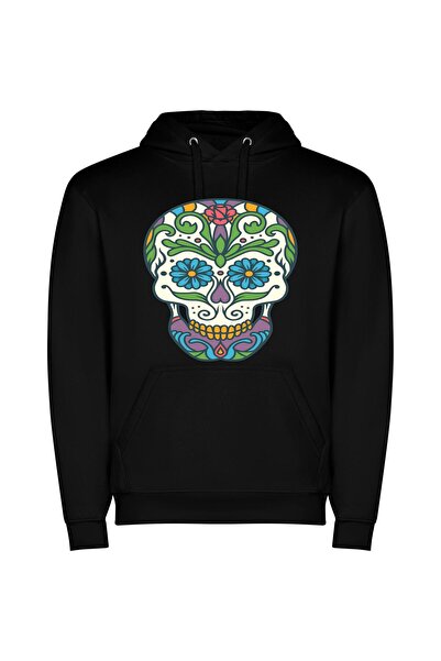 iLovePrints Colorful Dia De Muertos Φούτερ με κουκούλα σε χρώμα Μαύρο
