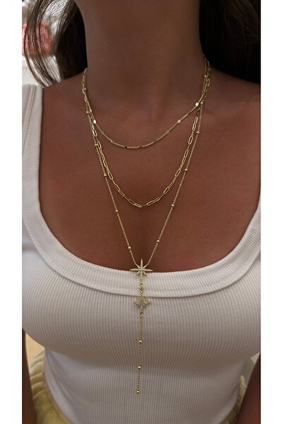 Glowisters Jewelry Kadın Üçlü Kombin Kolye - Çelik Üzeri 14K Altın Kaplama Ço...