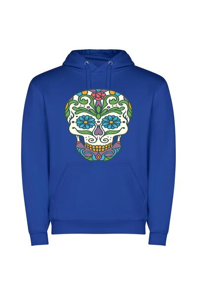 iLovePrints Colorful Dia De Muertos Φούτερ με κουκούλα σε χρώμα Μπλε