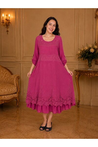 OEM Rochie vaporoasa Laura cu insertii de dantela si paiete,nuanta de marsala