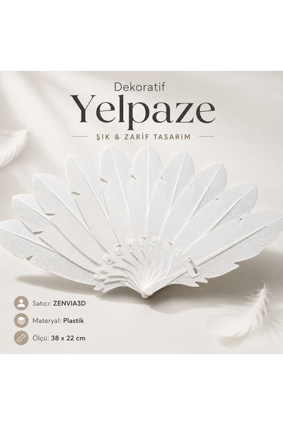 ZENVIA3D Dekoratif Tüy Tasarımlı Katlanabilir Yelpaze Beyaz