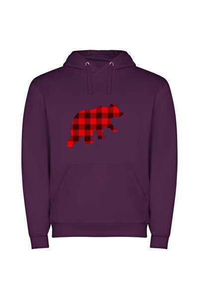 iLovePrints Red Bear Flannel Fusion Φούτερ με κουκούλα σε χρώμα Μωβ