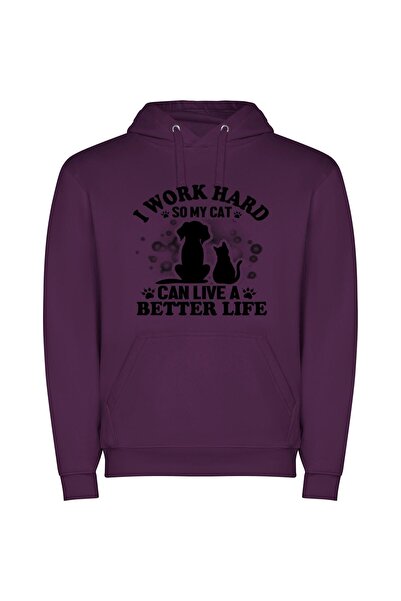 iLovePrints Purrfect Life: Working Hard Φούτερ με κουκούλα σε χρώμα Μωβ
