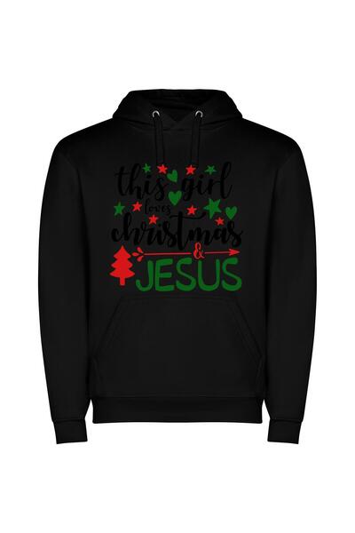 iLovePrints Christmas Devotion: Girl's Love Φούτερ με κουκούλα σε χρώμα Μαύρο