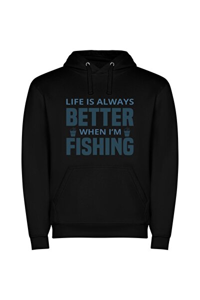iLovePrints Fishing: Life's Bitter Bliss Φούτερ με κουκούλα σε χρώμα Μαύρο