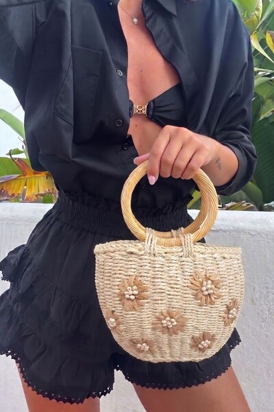The Champ Clothing Γυναικεία ψάθινη τσάντα Fiorella Bloom Beige – Τσάντα χειρ...