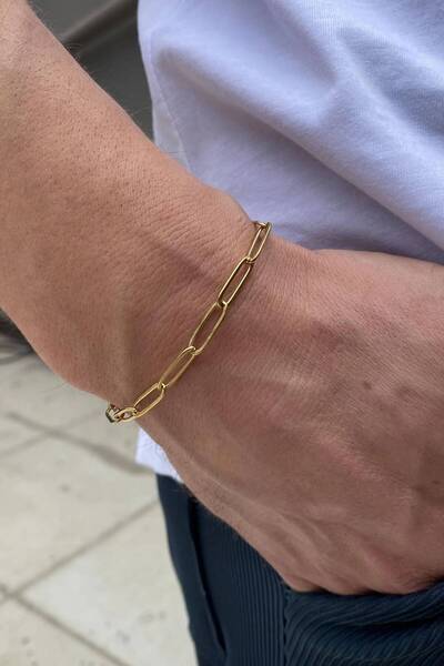 Unisex Altın Renk Kalın Zincir Çelik Bileklik Gold Modern Şık Kadın Erkek Bileklik