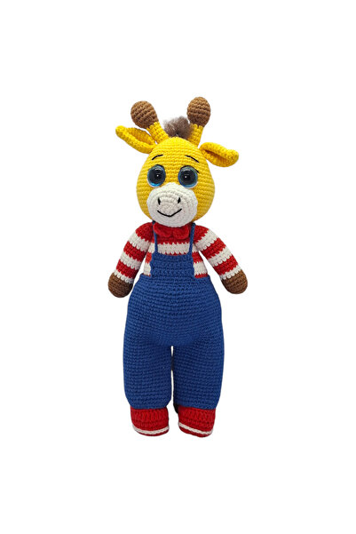 Amigurumi Örgü Zürafa Oyuncak 30 cm - El Yapımı Mavi Tulumlu Çizgili Kazaklı Zürafa Figürü