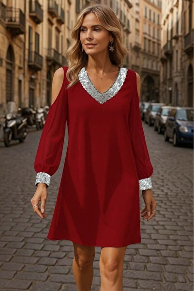 MODA ŞEHRİ Women's Long Sleeve Sleeves Tulle V-Neck Mini Janjan Crepe Dress