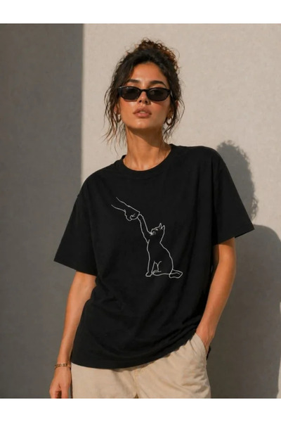 Gökyüzü Moda Minimal Cat Drawing Printed T-Shirt Short Sleeve Summer T-Shirt ...
