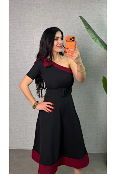 UFC 1985 TOP BRAND Women's One Shoulder Bow Detail Midi Length Dress