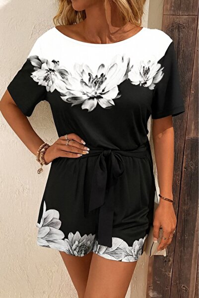 Wear Up بذلة نسائية قصيرة بكتف واحد مكشوف مع نقش زهور وحزام خصر من خيطين