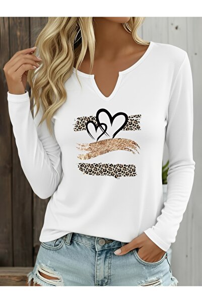 mercoledi Heart Printed Cotton Half V-Neck Long Sleeve Blouse