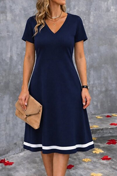 Gökyüzü Moda Women's Short Sleeve V-Neck Midi Janjan Crepe Dress with Striped...