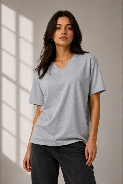 Simala V-Neck Basic T-Shirt Short Sleeve Summer Regular Fit T-Shirt - Gray