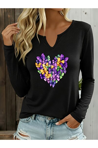 mercoledi Heart Printed Cotton Half V-Neck Long Sleeve Blouse