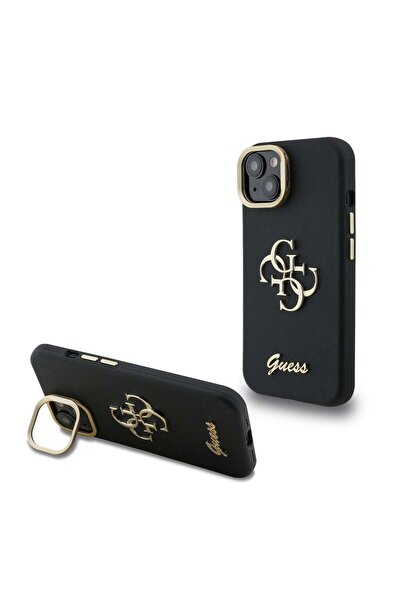 Guess Back case for Apple iPhone 15, PU Grained 4G Logo Stand Camera Frame, B...