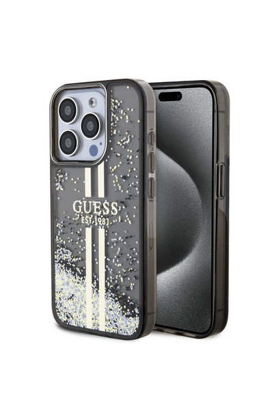 Guess Husă pentru iPhone 15 Pro, cu sclipici lichid și dungi aurii (GUHCP15LL...