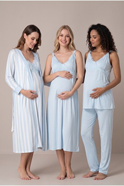 Pelin Women's Blue Plaid Striped Lace Detailed Maternity Pajama Nightgown Set...
