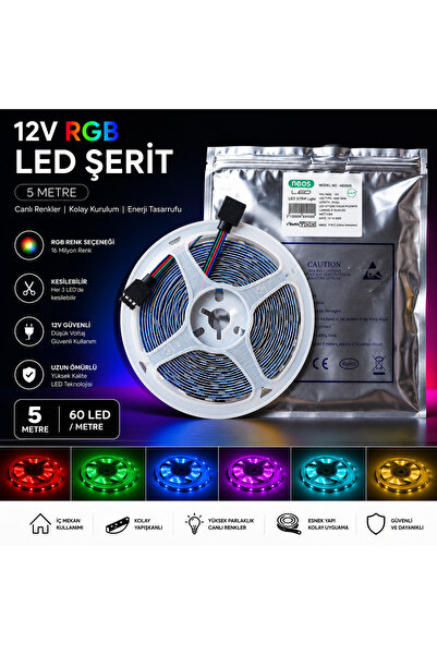 12V RGB Şerit LED 5 Metre - 5050 SMD (Metrede 60 LED) Canlı Renkler Kesilebilir Yapışkanlı İç Mekan Aydınlatma