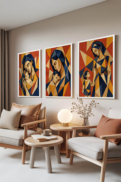 Zestia White Framed 3-Piece Painting Set, Mother Child Portrait, Cubist Art S...