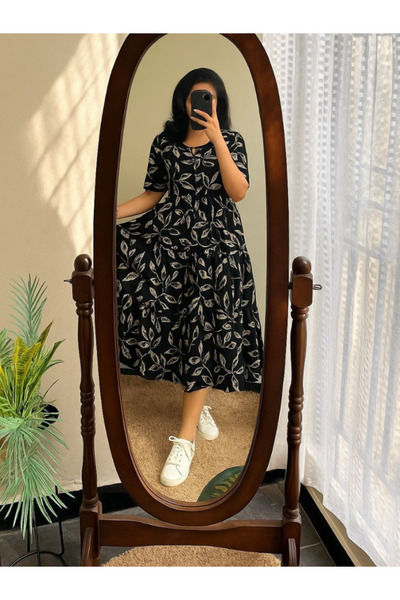 MYSMAR Black Floral Printed Cotton Tiered Midi Dress - RMD9272 | Black-Size:L...