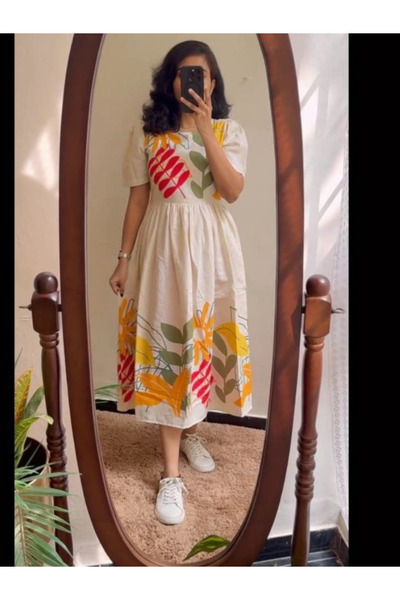 MYSMAR White Floral Printed Cotton Midi Dress - RMD9286 | White-Size:L-40-Inches