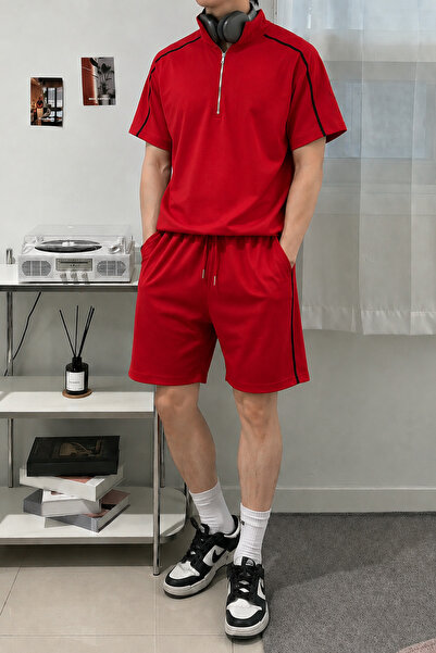 Tarz Cool Men's Half-Zipper Shorts Set with Stripe Detail – Regular Fit 2 Thr...
