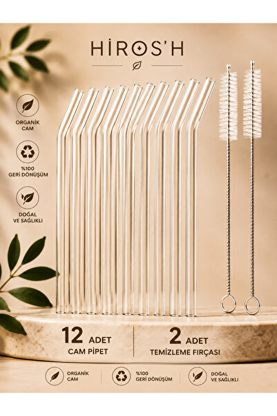 HİROS'H Organik Cam Pipet 12 Adet Eğimli Cam Pipet ve 2 Adet Temizleme Fırçası