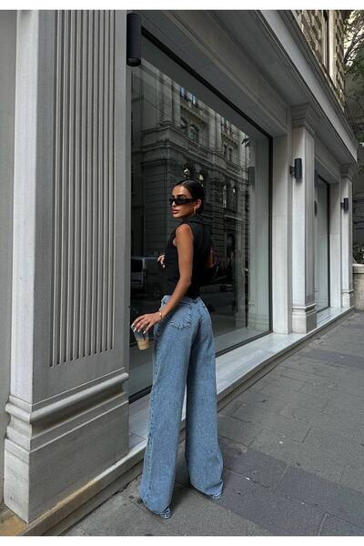 GAMZE ALPTEKİN Premium Design High Waist Wide Leg Denim Jean Trousers with Cut-Out Detail Wide Leg