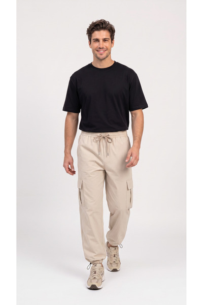BADESSA Men's Beige Cargo Pocket Thin Parachute Fabric Trousers, Comfortable ...
