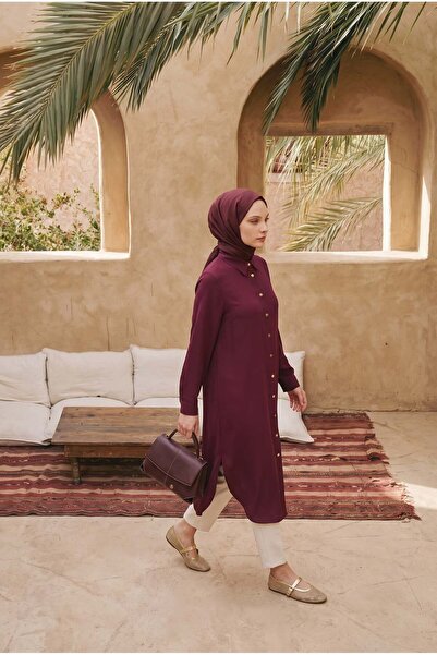 Armine TREND Düğme Detaylı Gömlek Yakalı Uzun Tunik Mürdüm 26YT484