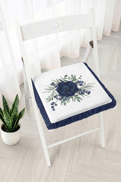 Realhomes Navy Blue Rose and Leaf Motif Fringed Zippered Chair Cushion - Bohe...
