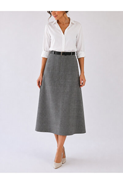 YAXİ Belted Detailed Midi Length Loose Plaid Patterned Woven Skirt