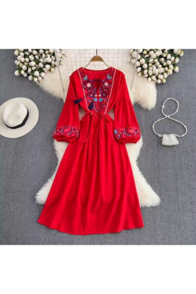 Generic Brand Bohemian Floral Embroidered Midi Dress with Tassel Tie Neck & W...