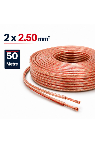 MN6 MN251HKF 2x2.50 mm Hoparlör Kablosu 50 Metre Şeffaf Kırmızı Çizgili Kordon Amfi Hoparlör ve Ses Sistemi Kablosu