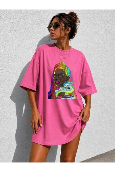 classy moda Tricou tunică extra lungă, supradimensionată, cu imprimeu cu figu...