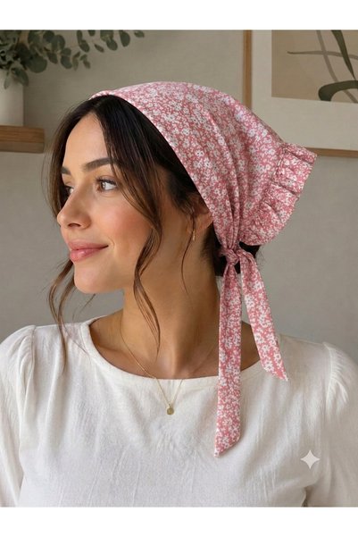 Mufincollection Cotton Poplin Floral Patterned Triangular Women's Bandana with Ruffle Detail – Daily Use Hair Bandana