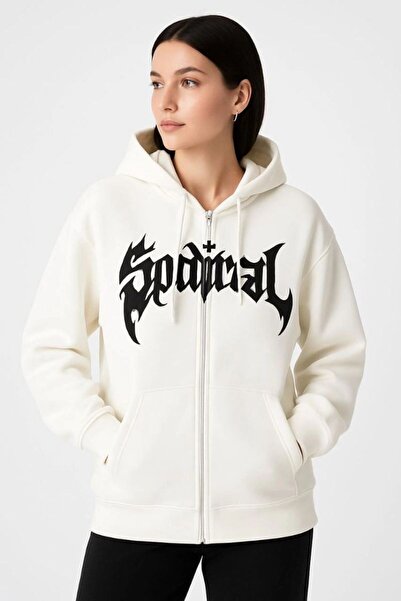 Mariposa Secret Women's Hooded 3 Thread Cotton Front Printed Zippered Oversiz...
