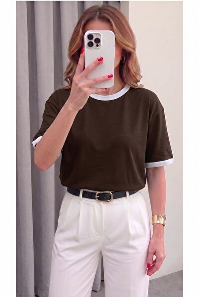 Teenage Millionaire Women's Brown and White Piping Decorated Medium Thick Sof...