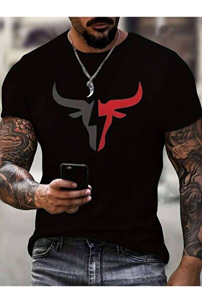 9JY تي شيرت رجالي بتصميم جرافيك على شكل ثور - تصميم جريء باللونين الأحمر والأ...