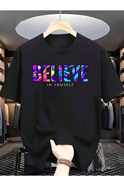 25W تي شيرت أبيض بطبعة "Believe In Yourself" تحفيزية بتأثير قوس قزح متغير الل...