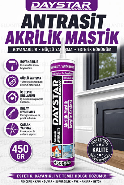ellante Daystar Antrasit Akrilik Mastik 450 Gr Boyanabilir Çatlak ve Boşluk D...
