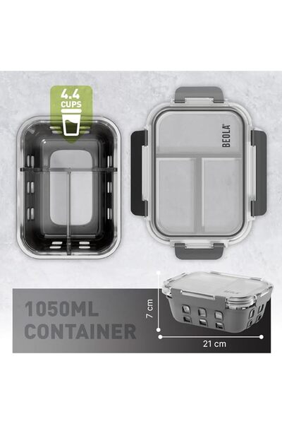 BEOLA 3 Compartment Glass Food Storage Container, Lunch Box, with Airtight Li...